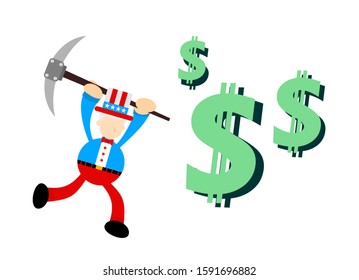 Uncle sam america people man mining dollar money cartoon doodle flat design style vector illustration