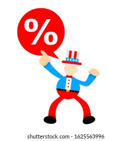 uncle sam america and percent bubble sign cartoon doodle flat design style vector illustration