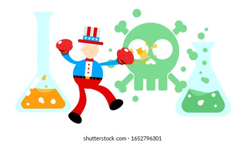 uncle sam america stop hazardous skull alert danger toxic laboratory formula cartoon doodle flat design style vector illustration