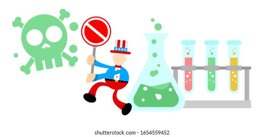 uncle sam america stop hazardous skull alert danger toxic laboratory formula cartoon doodle flat design style vector illustration