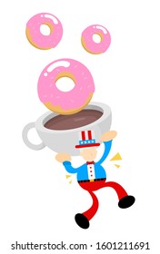 uncle sam america and sweet doughnut drink coffee cup cartoon doodle flat design style vector illustration