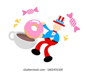 uncle sam america and sweet doughnut drink coffee cup cartoon doodle flat design style vector illustration