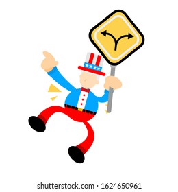 uncle sam america and two direction path road sign cartoon doodle flat design style vector illustration