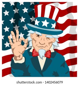 Uncle Sam in cartoon style shows Okey gesture on the background of the American flag