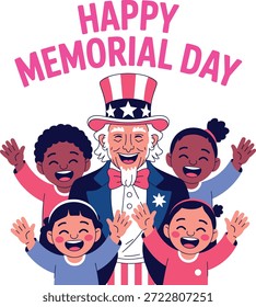 Tío Sam con niños celebrando el Día de los Caídos.