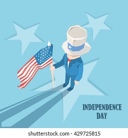 Uncle Sam Cylinder Hat Hold United States Flag Happy Independence Day American Holiday Vector Illustration