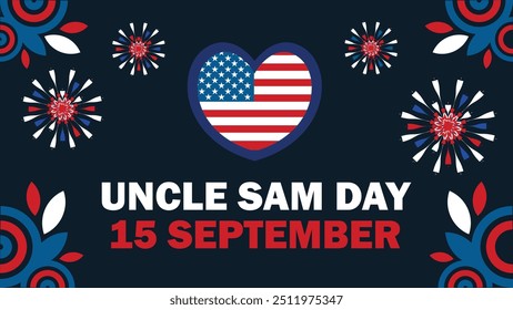 Projeto de banner de vetor Uncle Sam Day com formas geométricas e cores vibrantes num fundo horizontal.