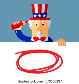 Uncle Sam drawing a red pencil empty frame on a blank sheet. Flat style vector illustration on gray background.  Common national personification of the American government. Symbol of USA