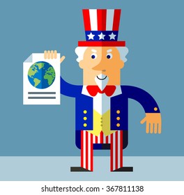 Uncle Sam engaged in a global search. Flat style vector illustration on gray background.  Common national personification of the American government. Symbol of USA