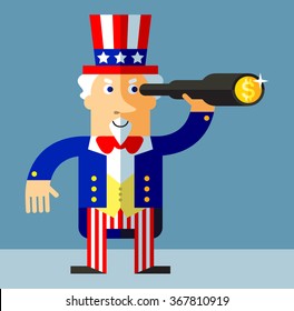 Uncle Sam  find money by spyglass. Flat style vector illustration on gray background.  Common national personification of the American government. Symbol of USA