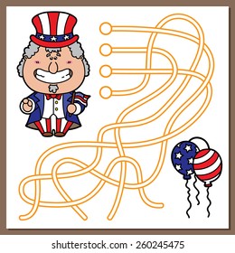 Uncle Sam game. Vector illustration of maze(labyrinth) game with cute Uncle Sam for children