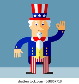 Uncle Sam gesturing okay. Flat style vector illustration on gray background.  Common national personification of the American government. Symbol of USA