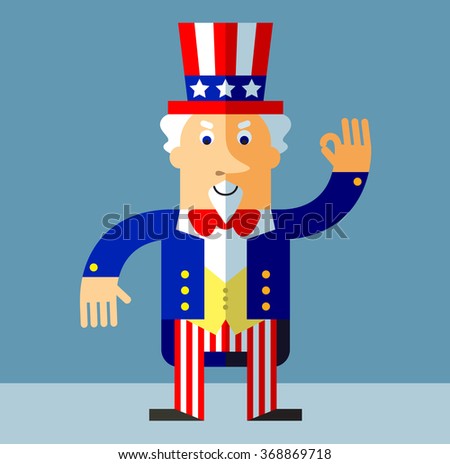 Uncle Sam gesturing okay. Flat style vector illustration on gray background.  Common national personification of the American government. Symbol of USA