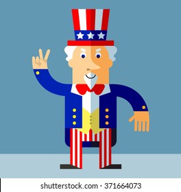 Uncle Sam gesturing victory. Flat style vector illustration on gray background.  Common national personification of the American government. Symbol of USA