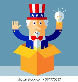 Uncle Sam get the idea holding bulb thinking outside the box. Flat style vector illustration on gray background.  Common national personification of the American government. Symbol of USA