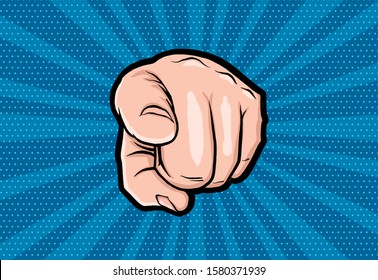 Uncle sam hand in pop art style. Business concept illustration. Cartoon vector illustration. Man show forefinger. Human arm in vintage retro design. Cartoon comics book Uncle Sam forefinger.