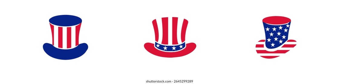 Tio Sam Hat. 4 de julho Coleção de ícones do Dia da Independência .Chapéus vermelhos, azuis para 4 de julho .Elementos do 4 de julho .Conjunto de festividades dos Estados Unidos da América. Bandeira dos EUA, fogo de artifício.