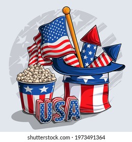 Uncle Sam hat with American flag fireworks popcorn and USA 3d letters