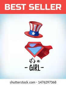 Uncle Sam Hat. American hat. Its a girl in vintage style. Comic style. Cartoon Vector illustration.