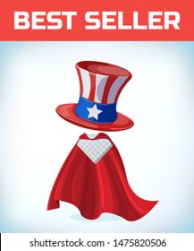 Uncle Sam Hat for American Holidays. American hat. Independence day hat. Masquerade costume headdress. Carnival or Halloween mask. Cartoon Vector illustration. Red cape