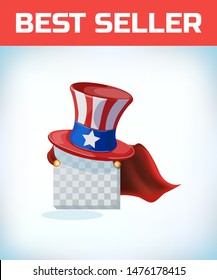 Uncle Sam Hat for American Holidays. American hat. Independence day hat. Masquerade costume headdress. Carnival or Halloween mask. Cartoon Vector illustration. Red cape