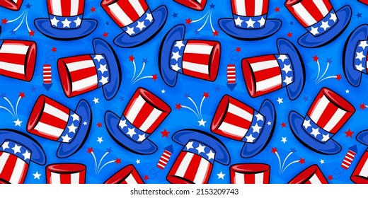 Uncle Sam hat and fireworks pattern design in USA colors - funny drawing seamless pattern. wallpaper, wrapping paper. Happy Independence Day. Red, white and blue. Happy 4th of July.