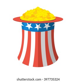 Uncle Sam hat and gold. Cylinder and coins on white background. National Patriotic  American cap and money. header for independence day 