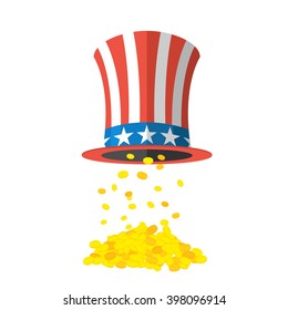 Uncle Sam hat and gold. Cylinder and gold coins on white background. National Patriotic American cap and money. header for independence day
