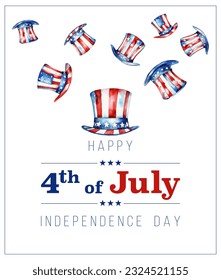 Uncle Sam hat. Happy 4th of July Independence day banner with stars and flag stripes. American flag on hats vector illustration for USA Independence Day 4th of July holiday banner, celebration poster.
