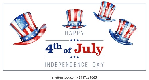 Uncle Sam hat. Happy 4th of July Independence day banner with stars and flag stripes. American flag on hats vector illustration for USA Independence Day 4th of July holiday banner, celebration poster.