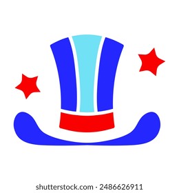 Uncle Sam hat icon. Red, white, and blue colors with stars. Symbol of American patriotism and national pride.