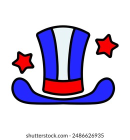 Uncle Sam hat icon. Red, white, and blue colors with stars. Symbol of American patriotism and national pride.