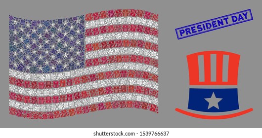 Uncle Sam hat icons are combined into USA flag abstraction with blue rectangle rubber stamp seal of President Day caption. Vector concept of USA waving flag is constructed of Uncle Sam hat icons.