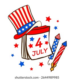 Uncle Sam hat, July 4 calendar, fireworks rockets and scattered stars. Flat patriotic illustration. Perfect for banners, cards, posters.