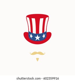 Uncle Sam hat on white background. Cylinder USA flag. Uncle Sam American Patriotic Caricature. Vector illustration.