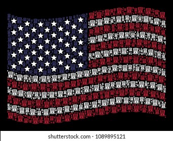 Uncle Sam hat pictograms are organized into waving USA flag mosaic on a dark background. Vector concept of America state flag is made from Uncle Sam hat items.