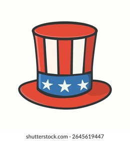Chapéu Tio Sam com listras vermelhas brancas e azuis e estrela, símbolo clássico do patriotismo americano, ideal para eventos do 4 de julho, eleições nos EUA e campanhas pela liberdade