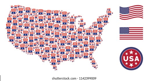 Uncle Sam hat symbols are organized into USA map mosaic. Vector concept of American territory map is formed of Uncle Sam hat items. Designed for political and patriotic applications.