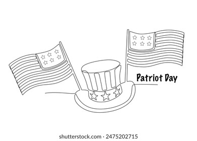 Uncle Sam hat and two american flags. Patriot day concept one-line drawing