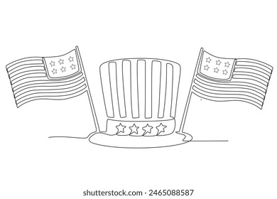 Uncle Sam hat and United States flag. 4th of july concept one-line drawing