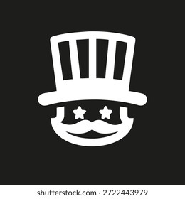 Onkel Sam Kopf Ikone Silhouette in patriotischem Stil. Die USA symbolisieren Freiheit, Unabhängigkeit und Nationalstolz. Weiß Einzige Vektorgrafik auf schwarzem Hintergrund.