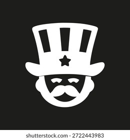 Onkel Sam Kopf Ikone Silhouette in patriotischem Stil. Die USA symbolisieren Freiheit, Unabhängigkeit und Nationalstolz. Weiß Einzige Vektorgrafik auf schwarzem Hintergrund.