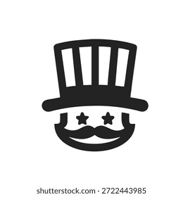 Onkel Sam Kopf Ikone Silhouette in patriotischem Stil. Die USA symbolisieren Freiheit, Unabhängigkeit und Nationalstolz. Isolierte Vektorgrafik auf weißem Hintergrund.