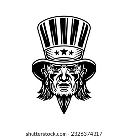 Uncle Sam head vector, man in cylinder hat with goatee beard. Illustration in black and white style isolated on white background