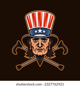 Uncle Sam head vector, man in cylinder hat with goatee beard and two crossed canes. Illustration in colored style on dark background