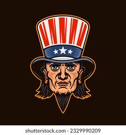 Uncle Sam head vector, man in cylinder hat with goatee beard. Illustration in colored style on dark background