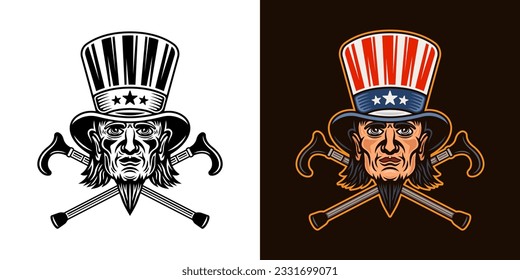 Uncle Sam head vector, man in cylinder hat with goatee beard and two crossed canes. Illustration in two styles black on white and colorful on dark background