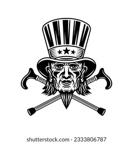 Uncle Sam head vector, man in cylinder hat with goatee beard and two crossed canes. Illustration in black and white style isolated on white background