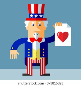 Uncle Sam with heart icon. Flat style vector illustration on gray background.  Common national personification of the American government. Symbol of USA