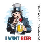 Uncle Sam holding beer mug and pointing. Funny retro comic style vector illustration. Idea for poster, label, postcard or t-shirt design.
